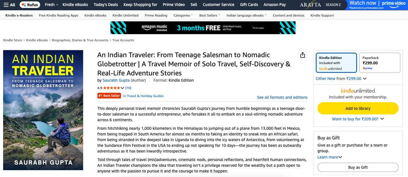 An Indian Traveler on Amazon India with a #1 Best Seller badge in Travel & Holiday Guides and a 4.9-star rating